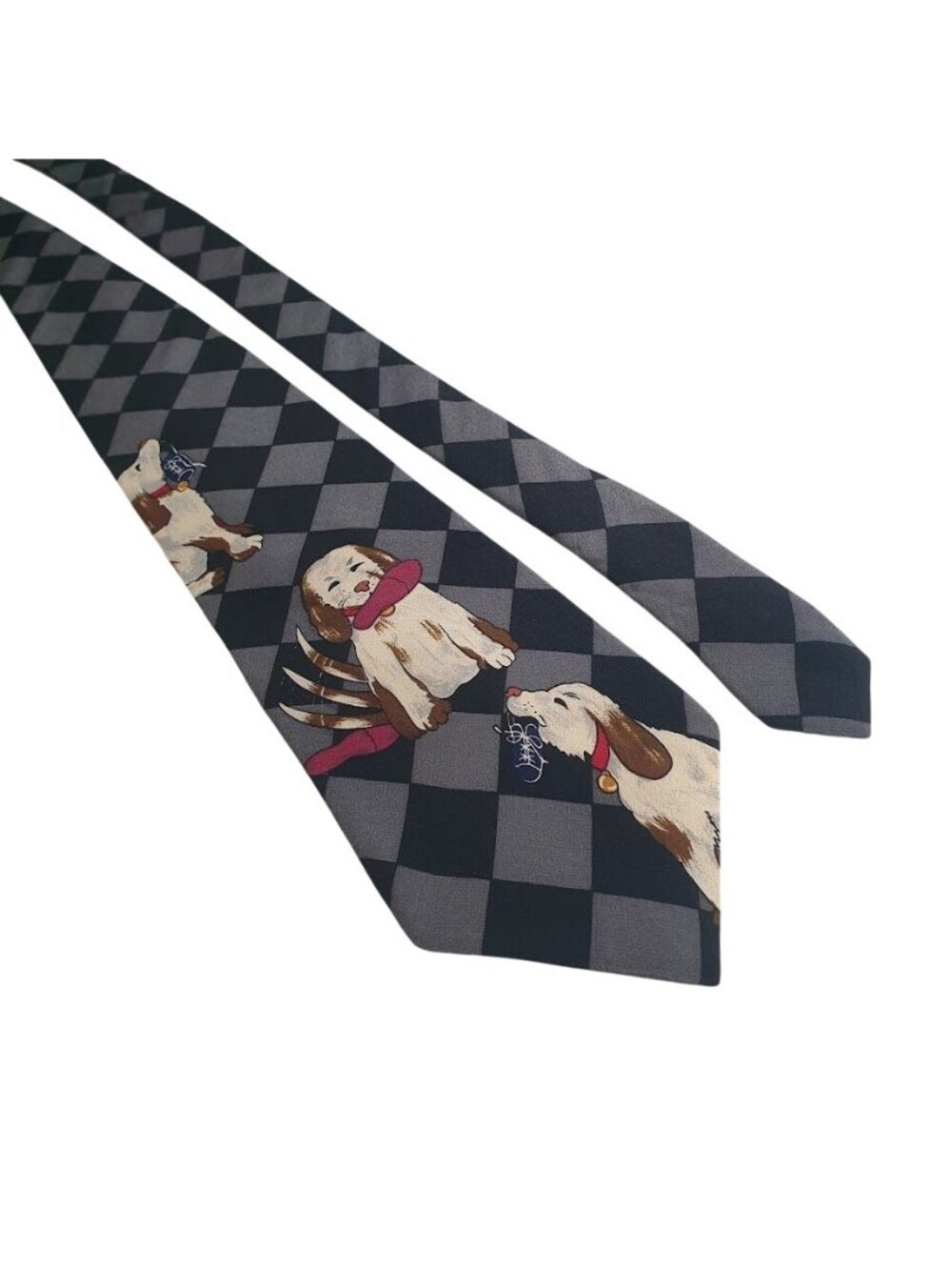 HSUS Mens Silk Necktie Dogs Checkerboard Pattern Gray Multicolor Humane Society